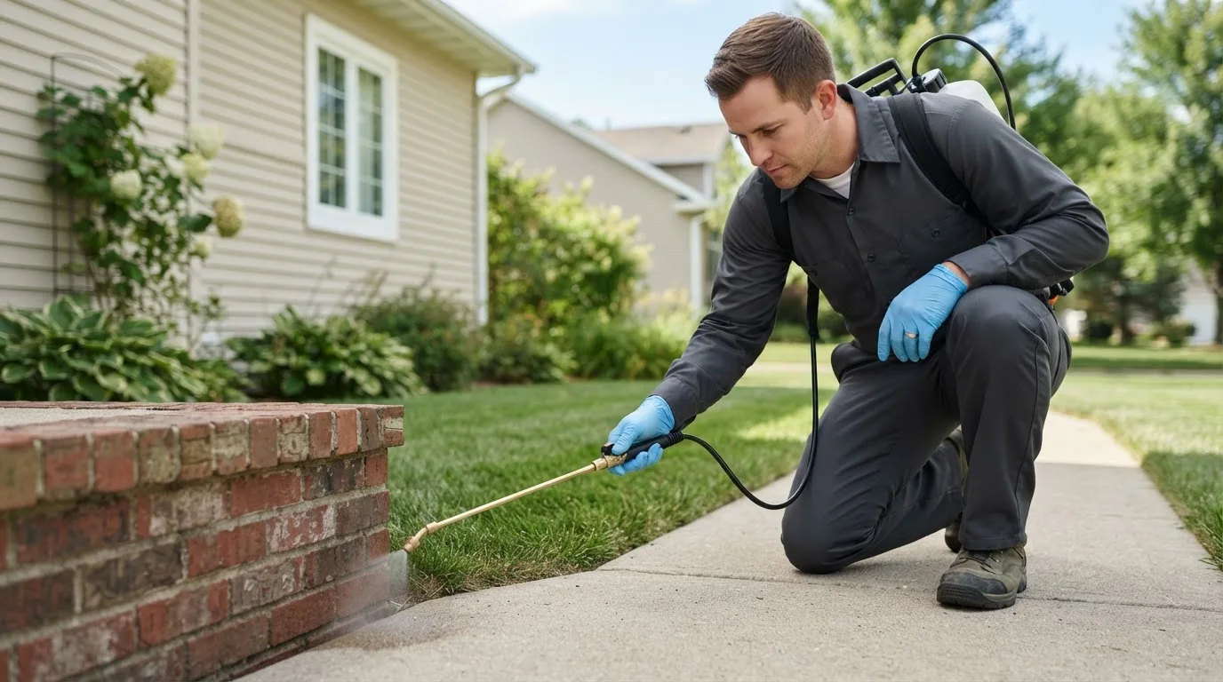 Pest control technician treating a home near Clayton, OK