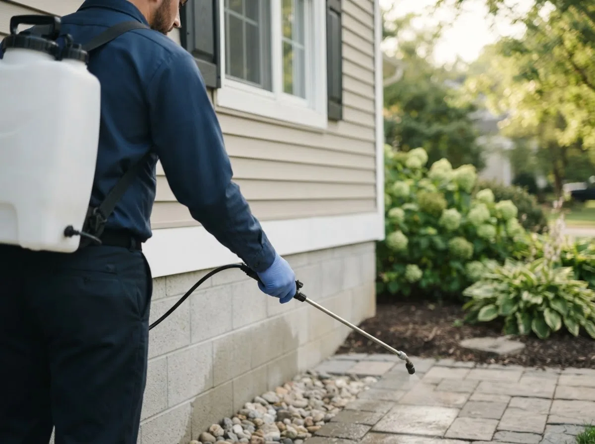 Pest control technician inspecting a home in Clayton, OK